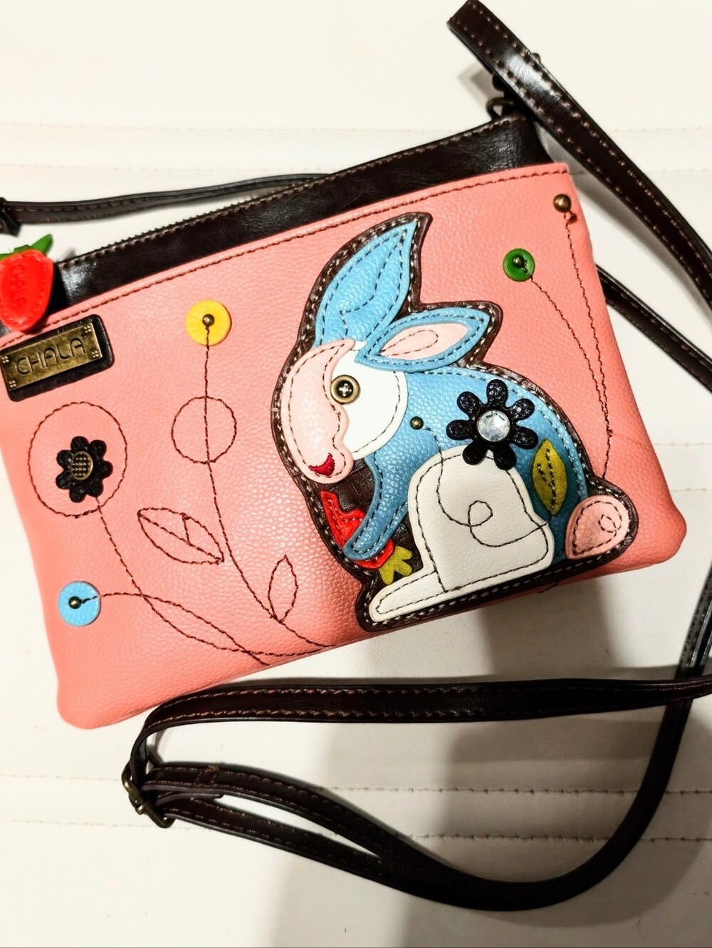 NWOT Adorable Chala Pink Crossbody with Colorful Bunny Appliqué. Size 8.5X6.5